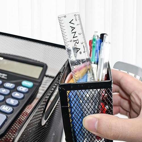 Miniatura 7 de VANRA Organizador de papel para 5 bandejas, bandeja de cartas de malla metálica, estante de escritorio negro con asa y 2 soportes para lápices para