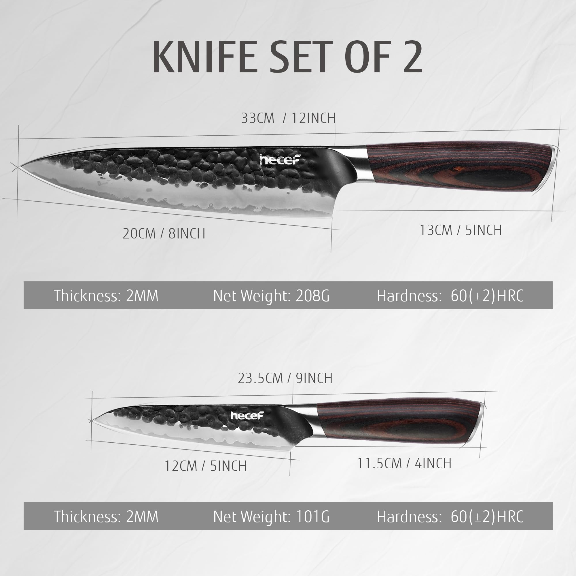 hecef set coltelli da cucina giapponesi 2 pezzi, coltello da chef 20 cm e coltello multiuso 12,7 cm, lama a 3 strati ad alto contenuto di carbonio con manico ergonomico in Pakkawood
