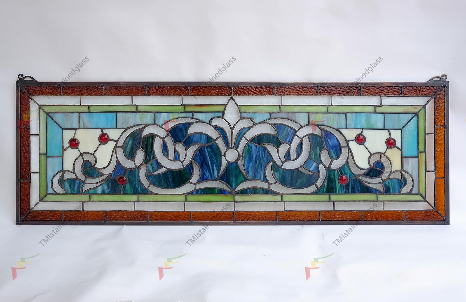 36" W x 12" H Handcrafted Hanging Stained Glass Window Panel. HF138