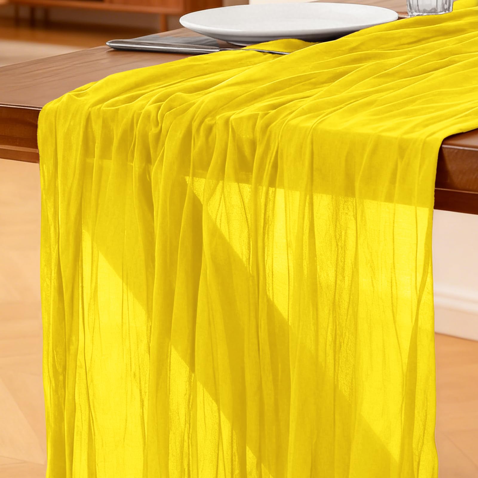 Cheesecloth Table Runner Yellow, 300 x 90 CM Table Runner Bohemian-style Gauze Rustic Gauze Fabric Tablecloth for Wedding, Parties, Christmas and New Year's Eve Table Decoration โ image 1