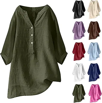Plus size linen tops for women button up shirt dress solid color casual loose shirt summer