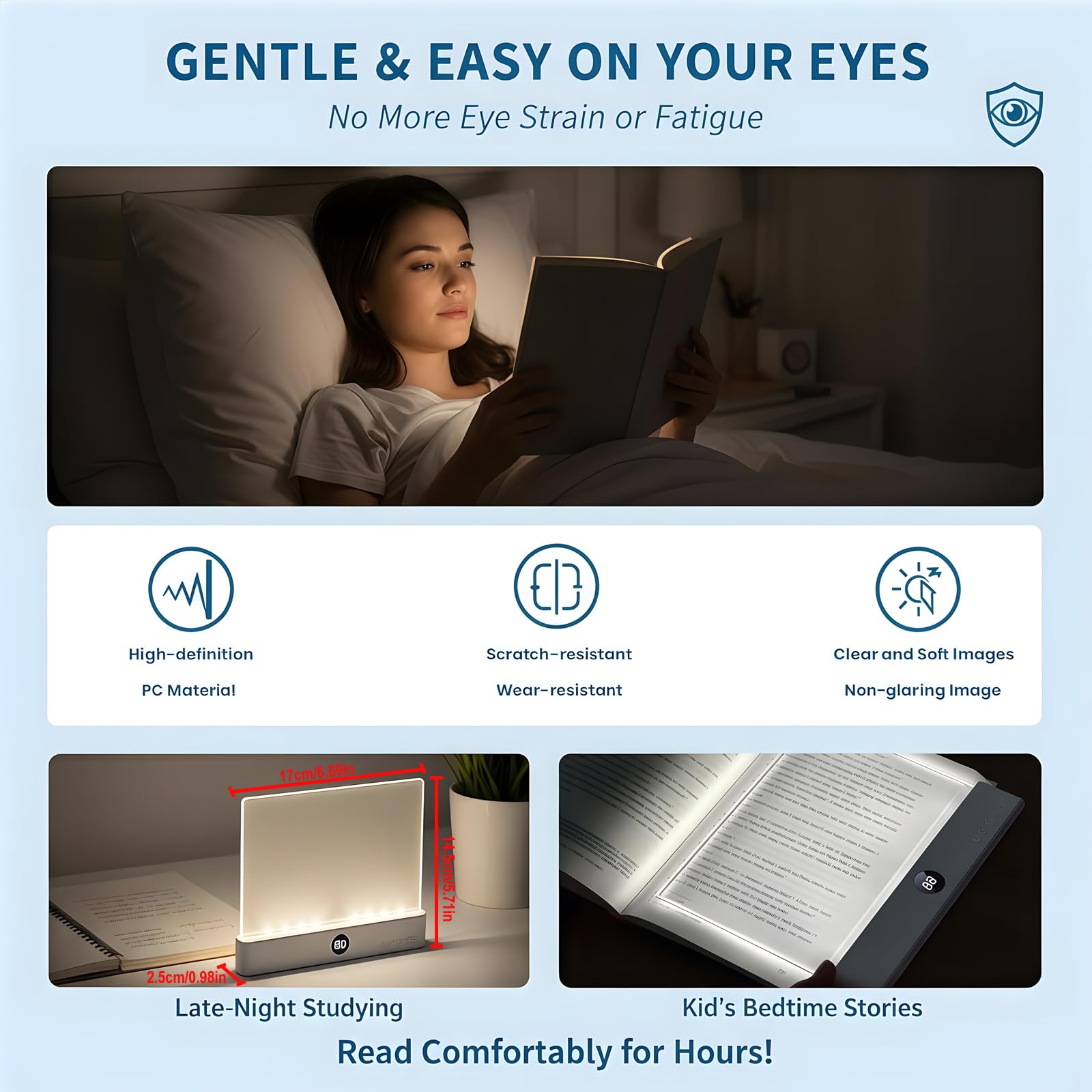 Luce per libro, luce da lettura con clip per libri, ricaricabile a LED trasparente, luci piatte per leggere a letto di notte, con 3 colori e timer, luce da lettura, pannello dimmerabile, luce a pagina