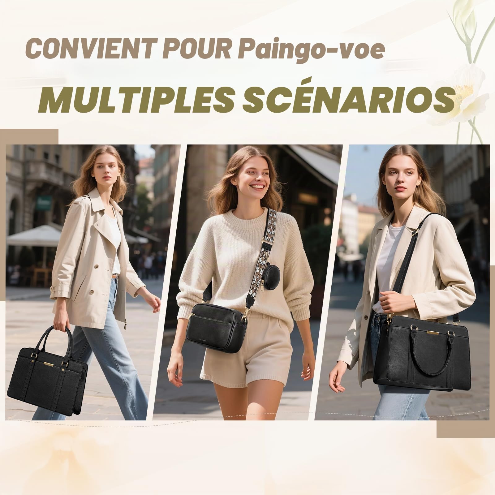 RAINSMORE Sac a Main Femme Sac Bandoulière de 3 Pièces Taille Moyenne | PU Cuir Sacs Portés Main Cabas Fourre Tout pour Université Travail Quotidien