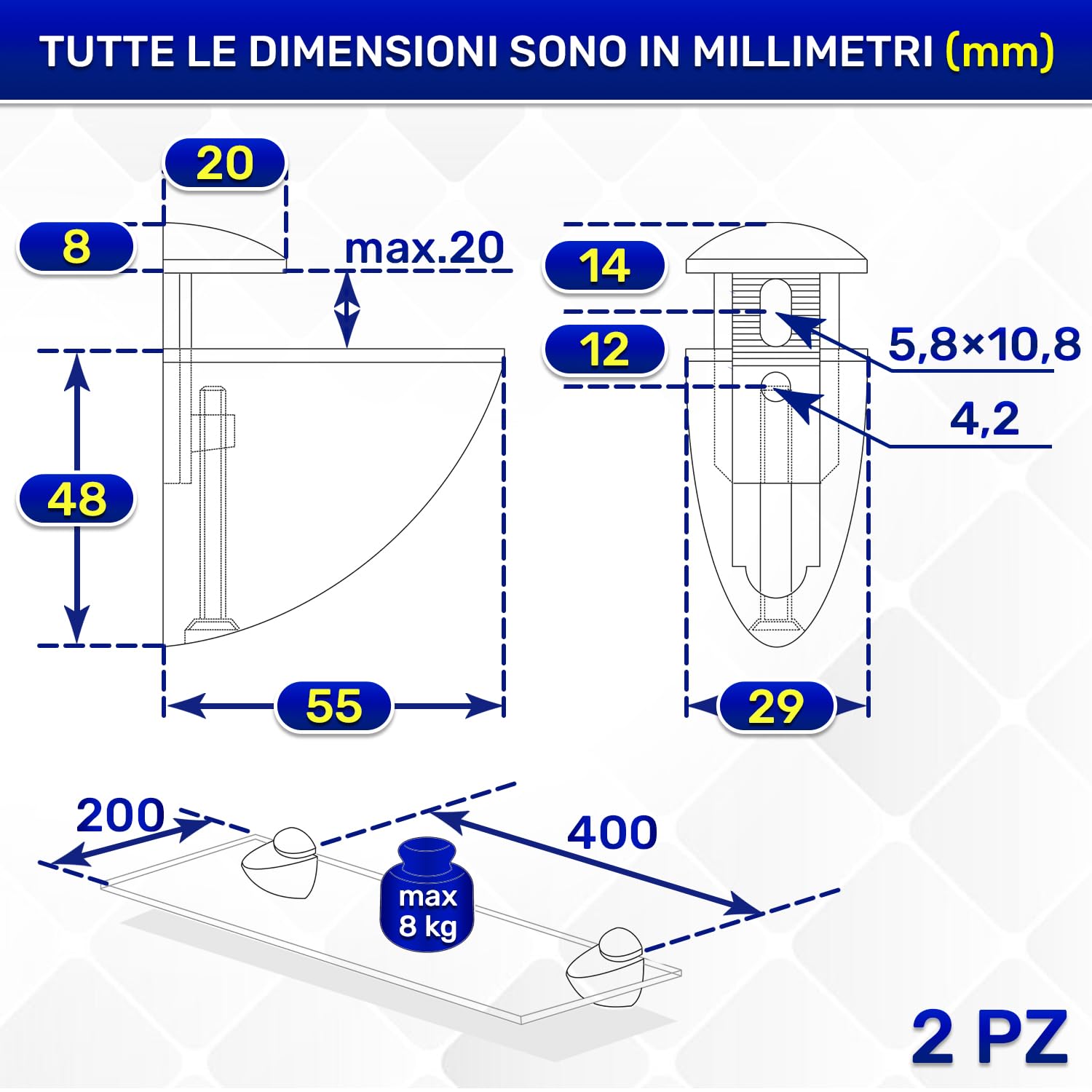 2 Pezzi Reggimensola Vetro o Reggimensola Legno - Adatto a Ripiani Fino a 20 mm di Spessore Carico Massimo 8 kg - Supporto Mensola Vetro in Lega Zinco-Alluminio - MONTERAL