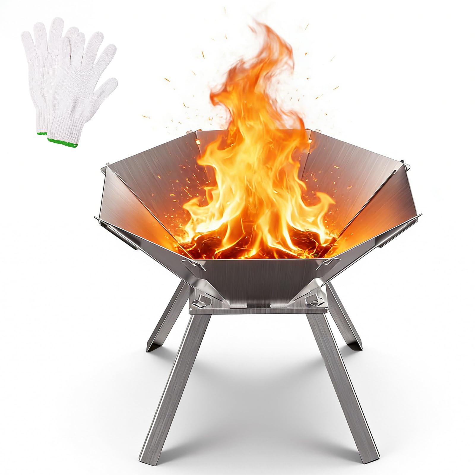 Feuerschale Camping Oktagon, Schnell aufgebaut Feuerschale Edelstahl, Faltbares Feuerstelle perfekt für den mobilen Einsatz, Campingfeuer für Terrasse, Outdoor-BBQ und Lagerfeuer