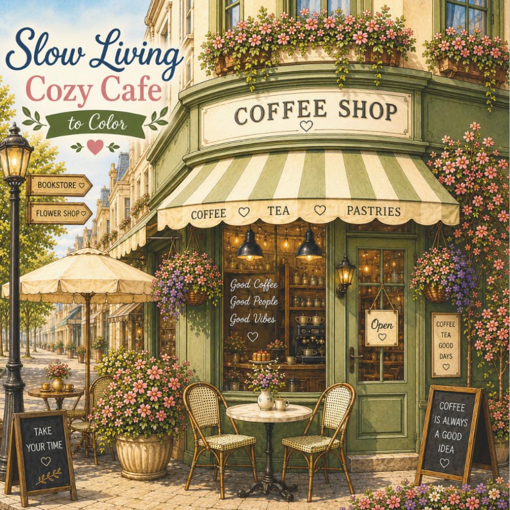 Slow Living Cozy Cafe to Color: 43 Relaxing Café Scenes to Color | Coffee, Pastries, Book Cafés, Tea Houses & Cozy Moments (Slow Living Cozy™ Coloring Book Series)