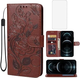 for iPhone 12 Pro Max Wallet Case with Tempered Glass Screen Protector, Flower Leather Flip Protective Case Credit Card Holder Stand Phone Cover for iPhone 12 Pro Max Brown