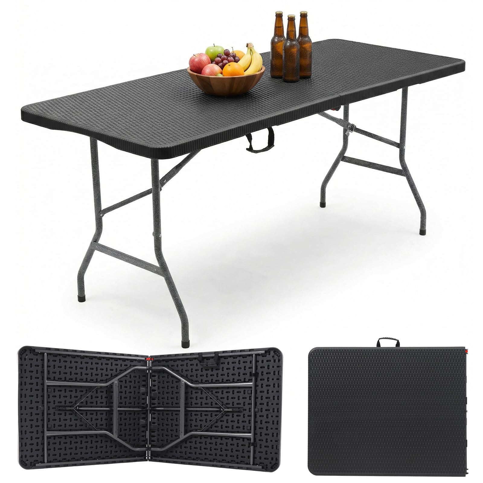 Sekey Buffettisch Klappbar Kunststoff | 180 x 74 x 74 cm Rattan Optik Gartentisch mit Tragegriff | Klapptisch Partytisch für Garten Terrasse und Balkon | Campingtisch 6 Personen (Schwarz)