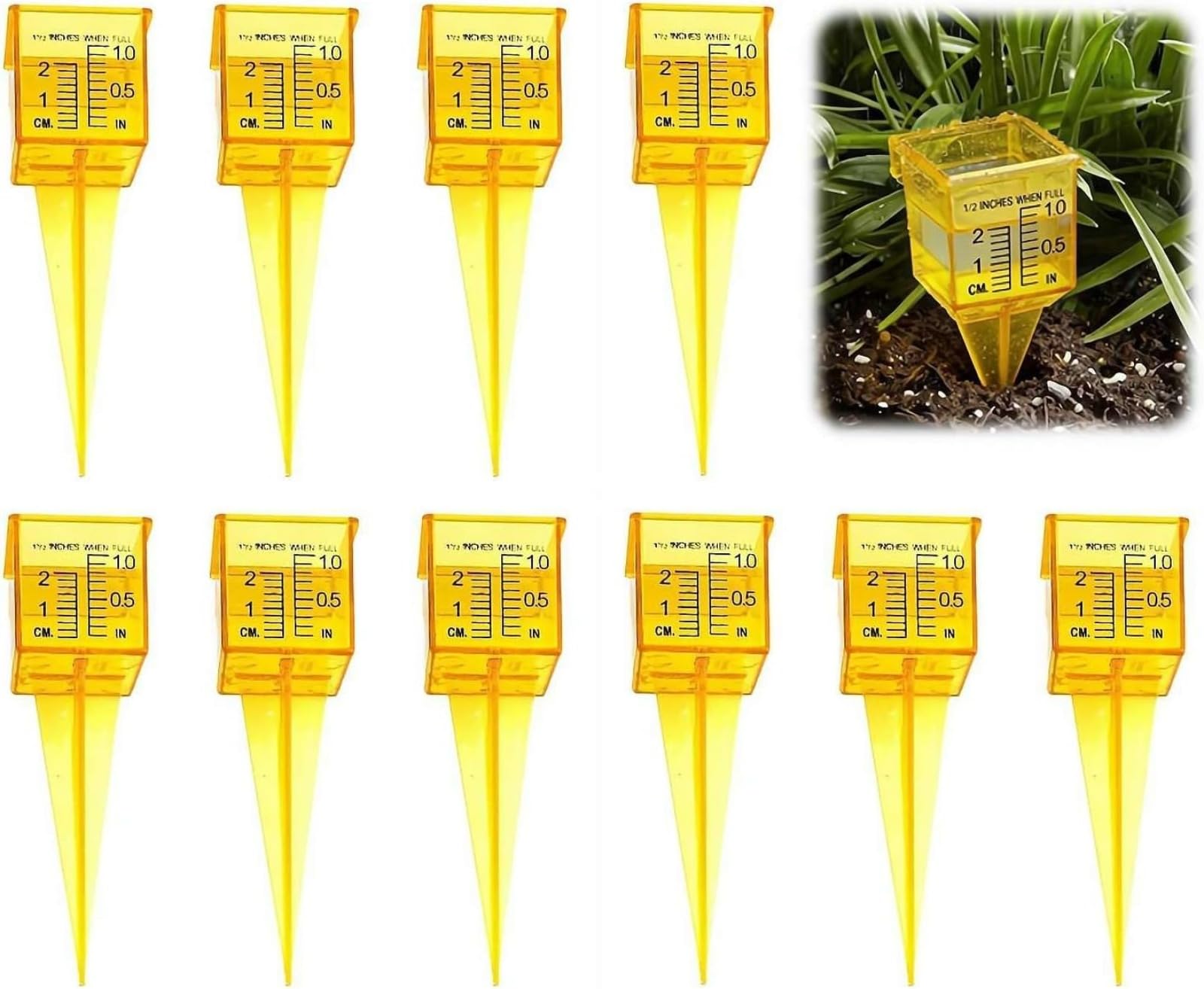 Pluviómetro de 1,5 pulgadas para exteriores con gran apertura, medidor de agua de plástico transparente para césped y jardín, medidor de lluvia de color amarillo brillante, 10 unidades