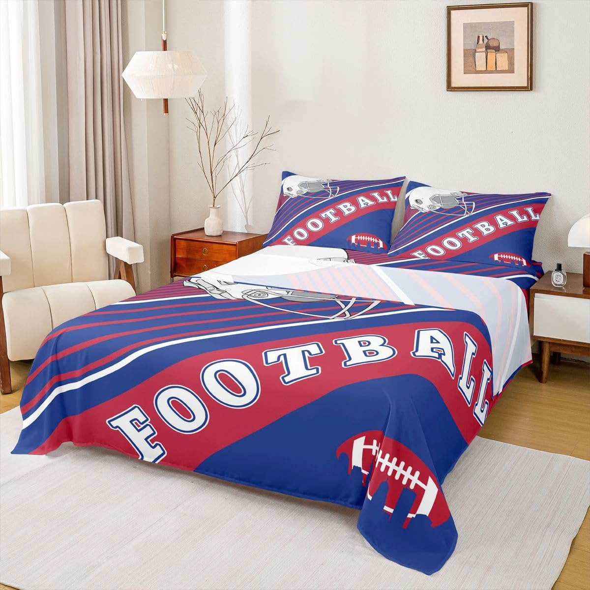 Erosebridal Boys Sheets Gridiron Sheet Set Blue and Red Rugby Game Helmet Bed Sheets Set Football Sports Seasonal Flat Fitted Sheet with 2 Pillowcases, Queen