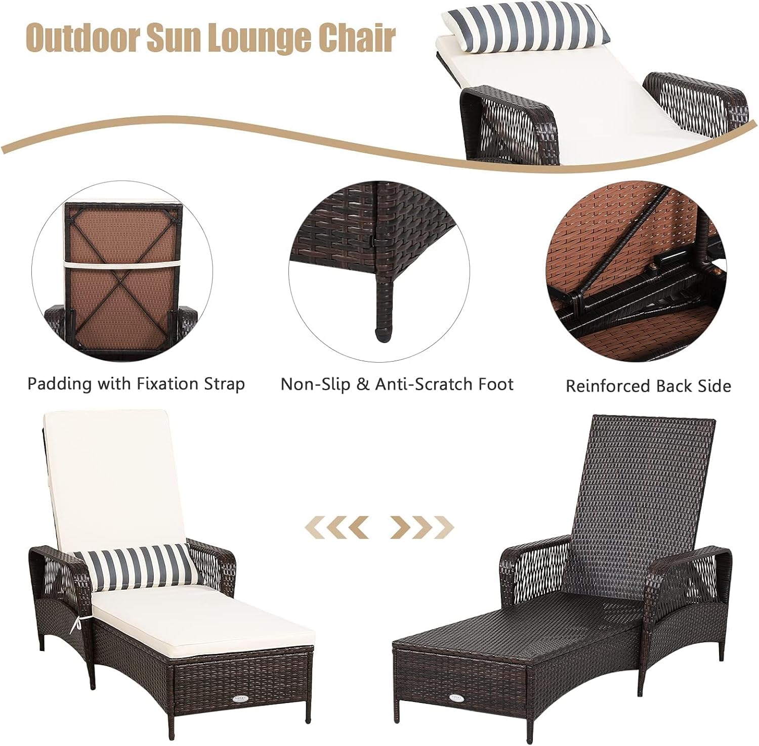 HAPPYGRILL PE Rattan Lounge Chair Set of 2, Outdoor Recliner Patio Chaise Lounger with Extra Waist Pillow, Reclining Chair with 6 Adjustable Gears for Outdoor Beach Pool Backyard