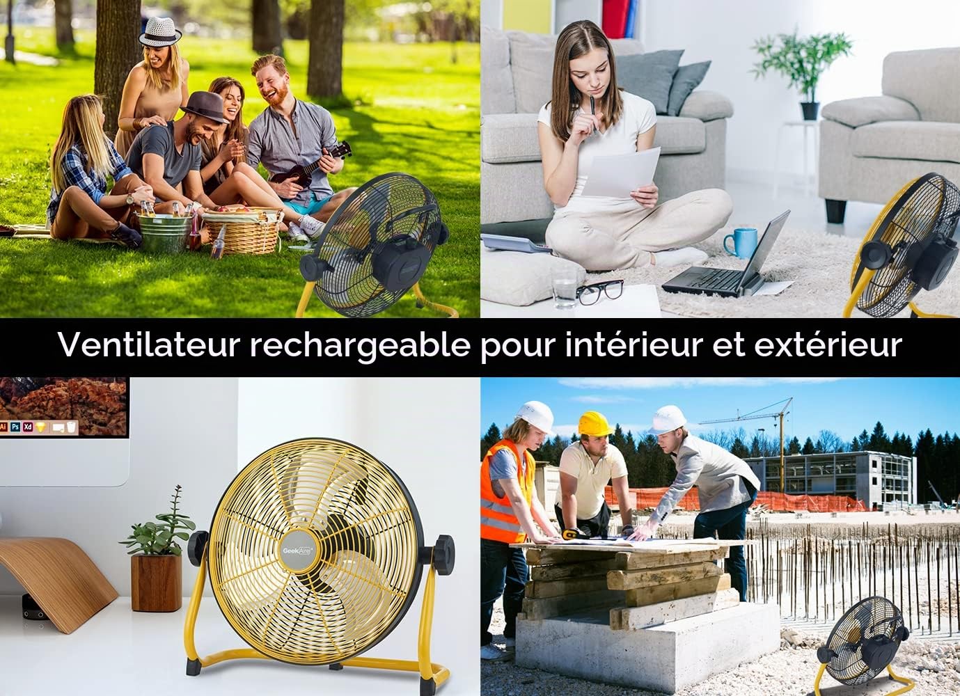 Geek Aire Ventilateur portable à piles de 30,5 cm avec lame en métal, inclinaison verticale à 360°, autonomie de 24 h, ventilateur sans fil pour camping, voyage, tente, ouragan, maison