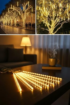 BUFFER® Meteor LED Işık Seti, Sarı Renk, USB Güç Kaynağı, 9'lu Plastik Tüp, Asmalı Dekoratif Bahçe ve Dış Mekan Aydınlatması [Enerji Sınıfı A]