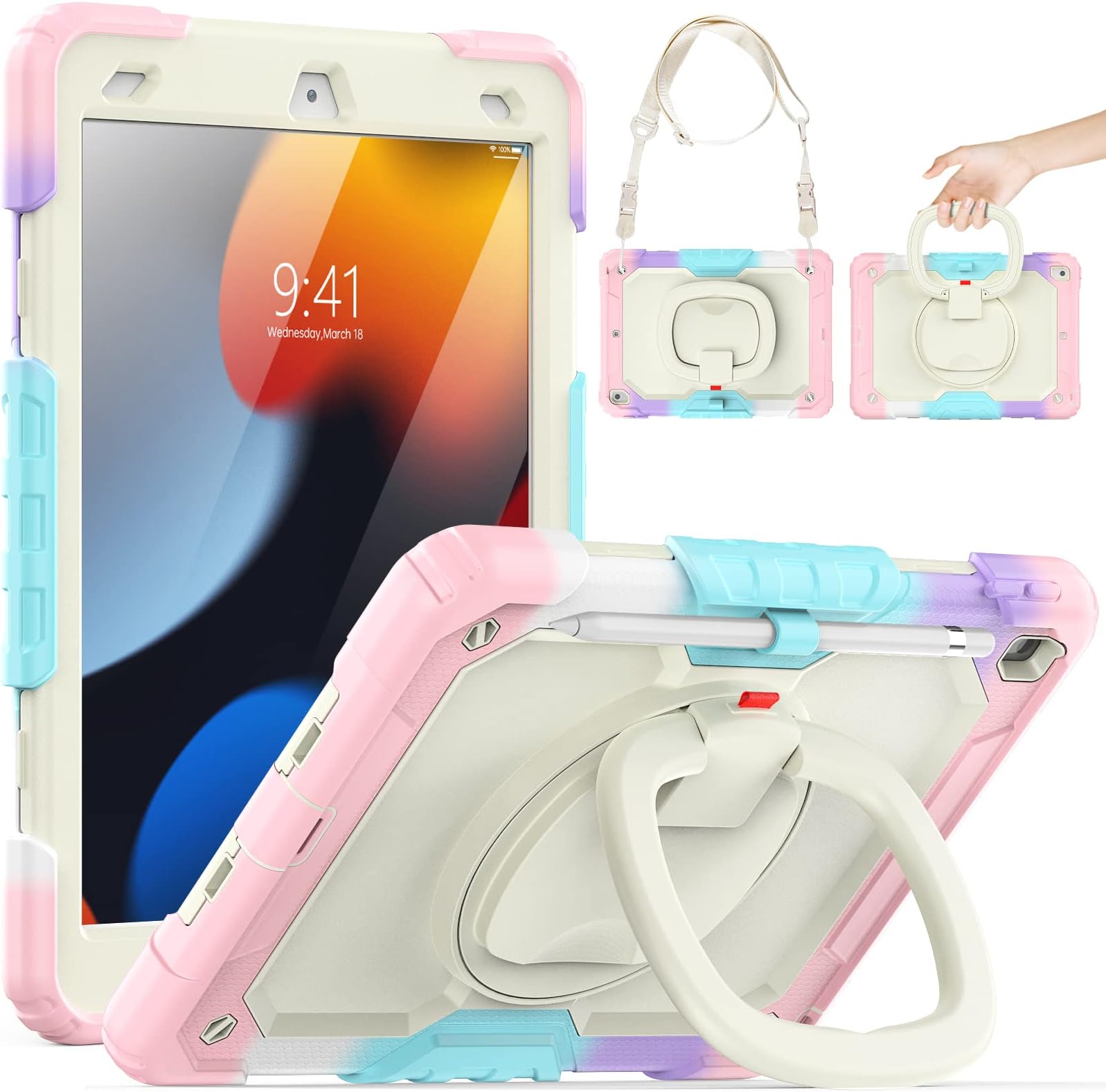 SEYMCY Kids Case for iPad 9th/8th/7th Generation 10.2 inch 2021/2020/2019, Full-Body Shockproof with Screen Protector, Rotating Hand Grip Stand, Carrying Strap, Pencil Holder for iPad 9/8/7, Pink