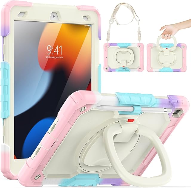 SEYMCY Kid Case for iPad 10.2 inch 9th/8th/7th Generation 2021/2020/2019, Shockproof Case with 360 Rotating Handle Stand, Shoulder Strap, Pencil Holder, Screen Protector iPad 10.2 Kids Case, Pink