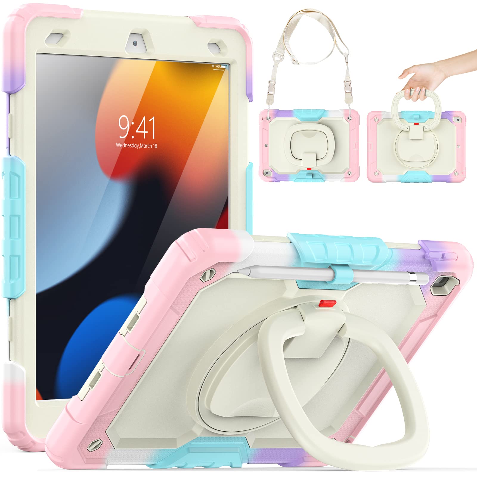 SEYMCYKids Case for iPad 9th/8th/7th Generation 10.2 inch 2021/2020/2019, Full-Body Shockproof with Screen Protector, Rotating Hand Grip Stand, Carrying Strap, Pencil Holder for iPad 9/8/7, Pink