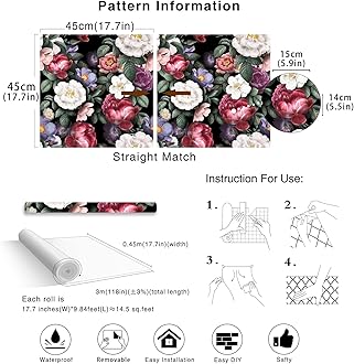 HAOKHOME Floral Peel and Stick Wallpaper Removable Vintage Wall Paper Black/Green/Pink Vinyl Self Adhesive Wall Mural 17.7in x 9.8ft