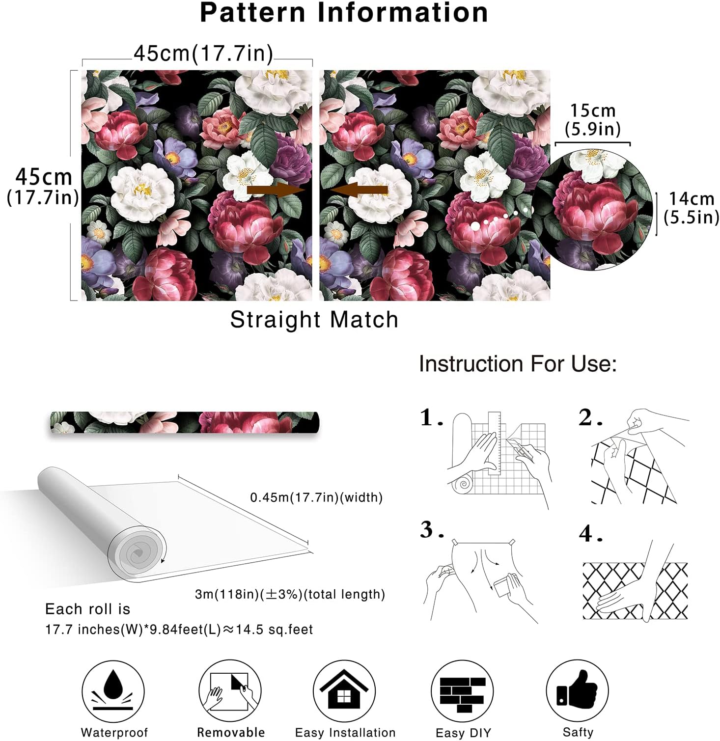 HAOKHOME Floral Peel and Stick Wallpaper Removable Vintage Wall Paper Black/Green/Pink Vinyl Self Adhesive Wall Mural 17.7in x 9.8ft