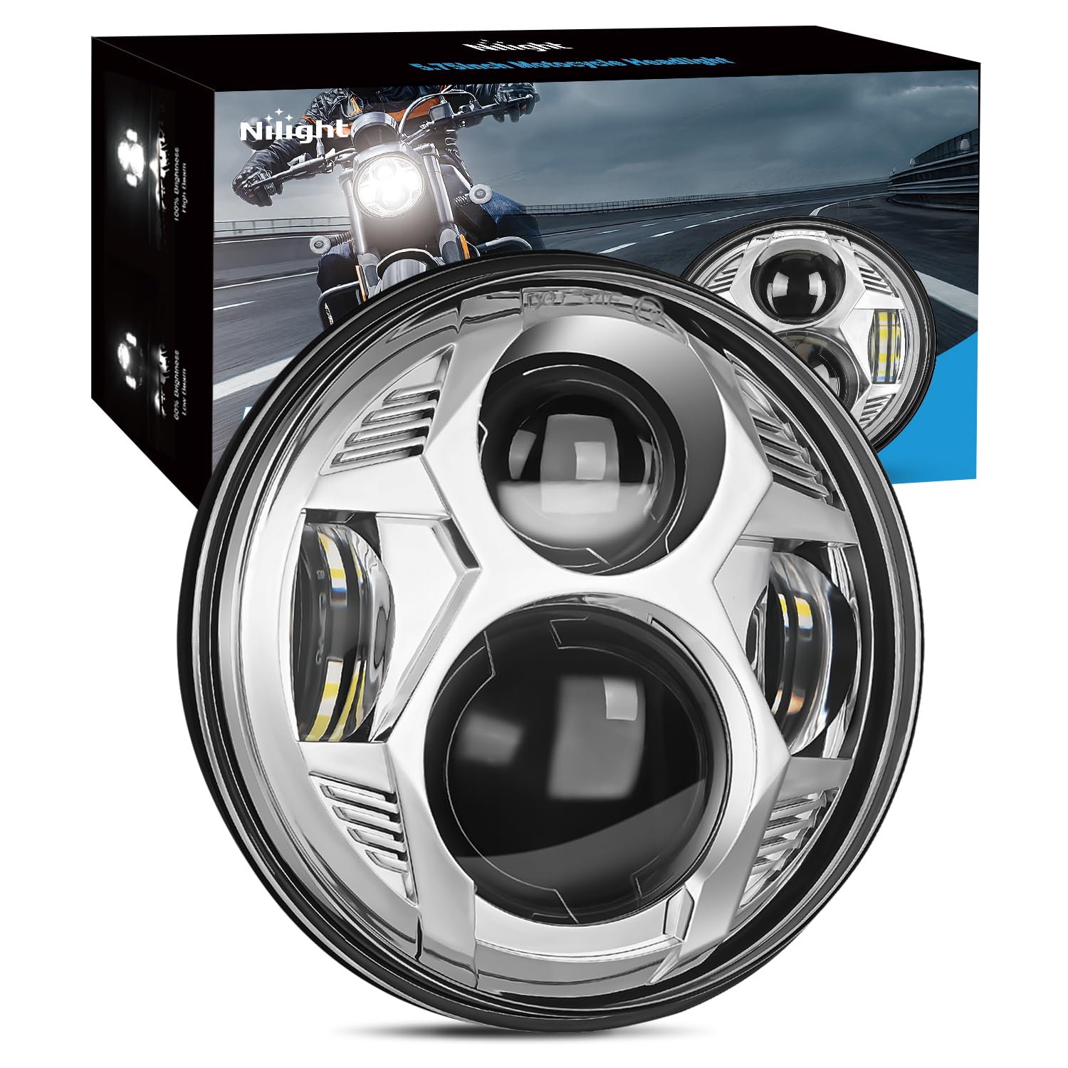 Nilight 5-3/4 5.75 Inch Motorcycles LED Headlight Compatible with Harley Davidson Sportster Iron 883 Dyna Street Bob Super Wide Glide Low Rider Night Rod Train Softail, Chrome