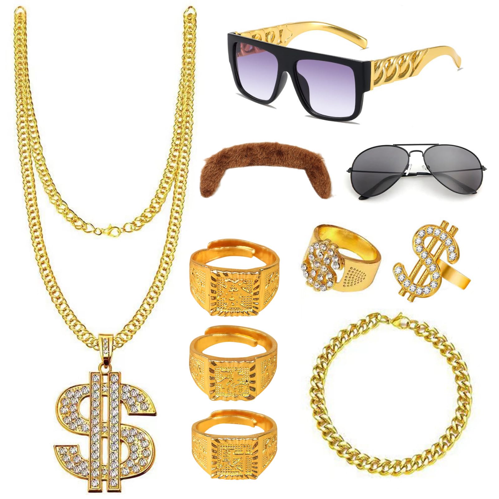 80s 90s Hip Hop Costume, 10Pcs Hippie Rapper Costume Accessories with 1 Gold Dollar Chain Necklace, 1 Bracelet, 5 Rings, 2 Sunglasses, 1 Mustache for Gold Digger Costume, World Book Day Costume