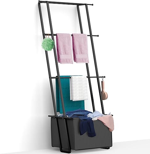 Toallero de escalera para mantas con canasta, escalera inclinada de pared, toallero para mantas, estante de secado de mantas, escaleras de manta de