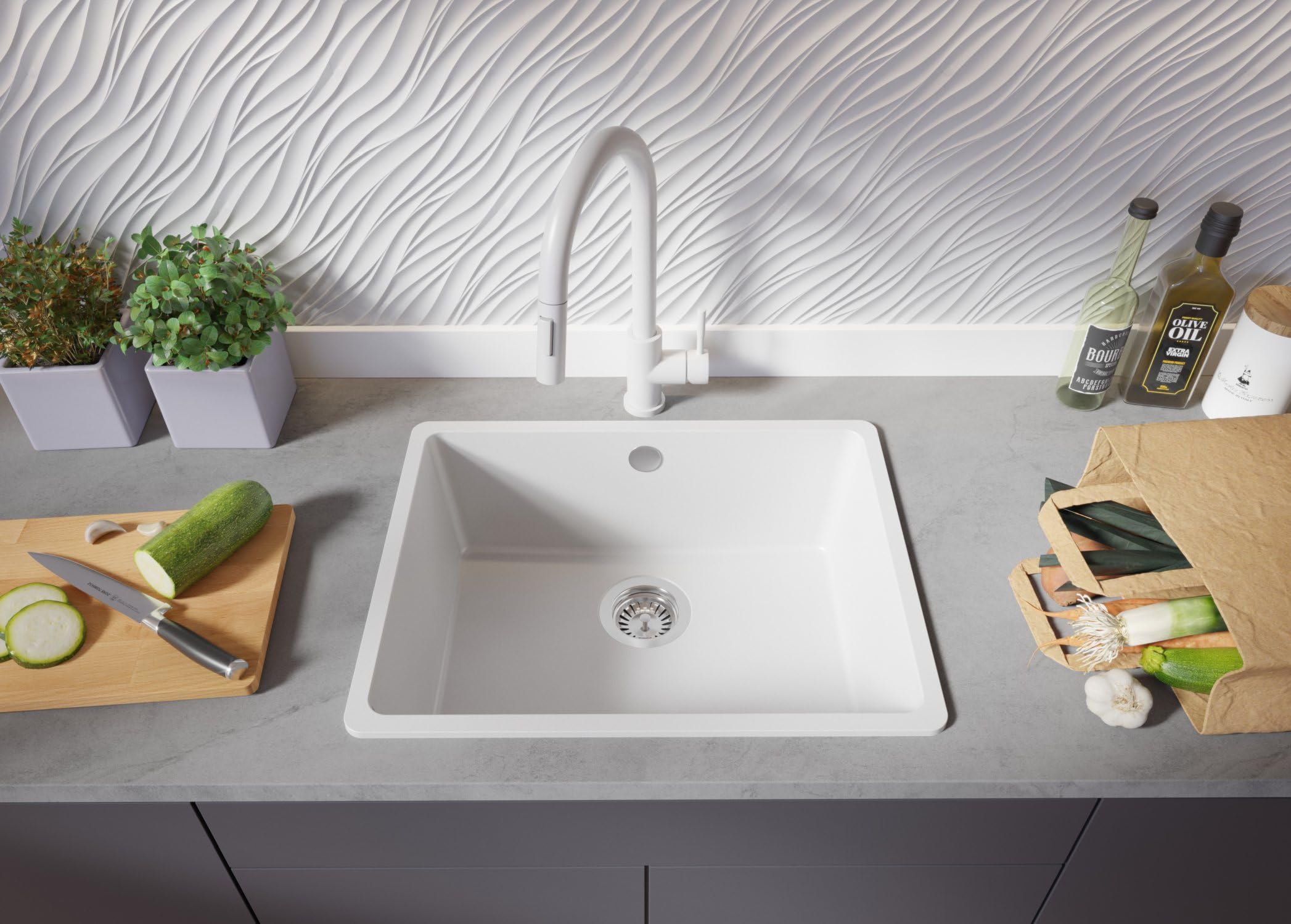 PRIMAGRAN Fregadero Granito Blanco - Venecia Easy Slim, 56x44cm | Cocina 1 Seno + Grifo 32x20cm + Set de accesorios, sobre Encimera al Mueble 60cm (S073)