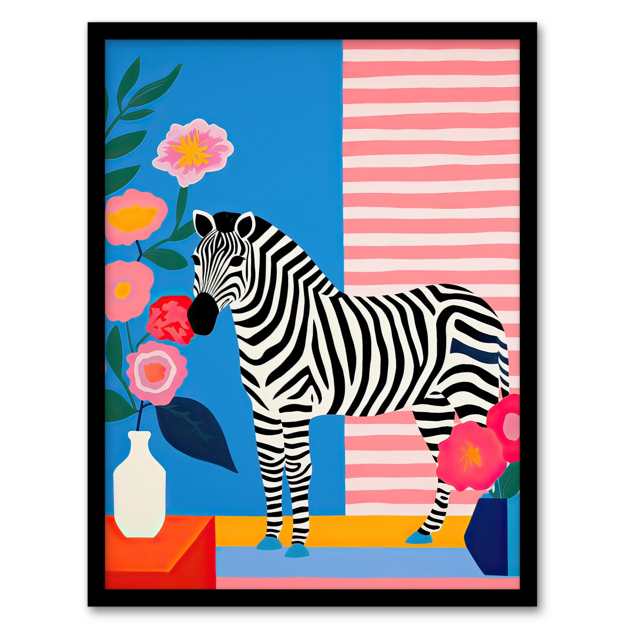Artery8 Stripe Harmony Vibrant Painting Whimsical Scene with a Zebra in a Striped Room Surrounded by Blooming Flowers Artwork Framed Wall Art Print A4