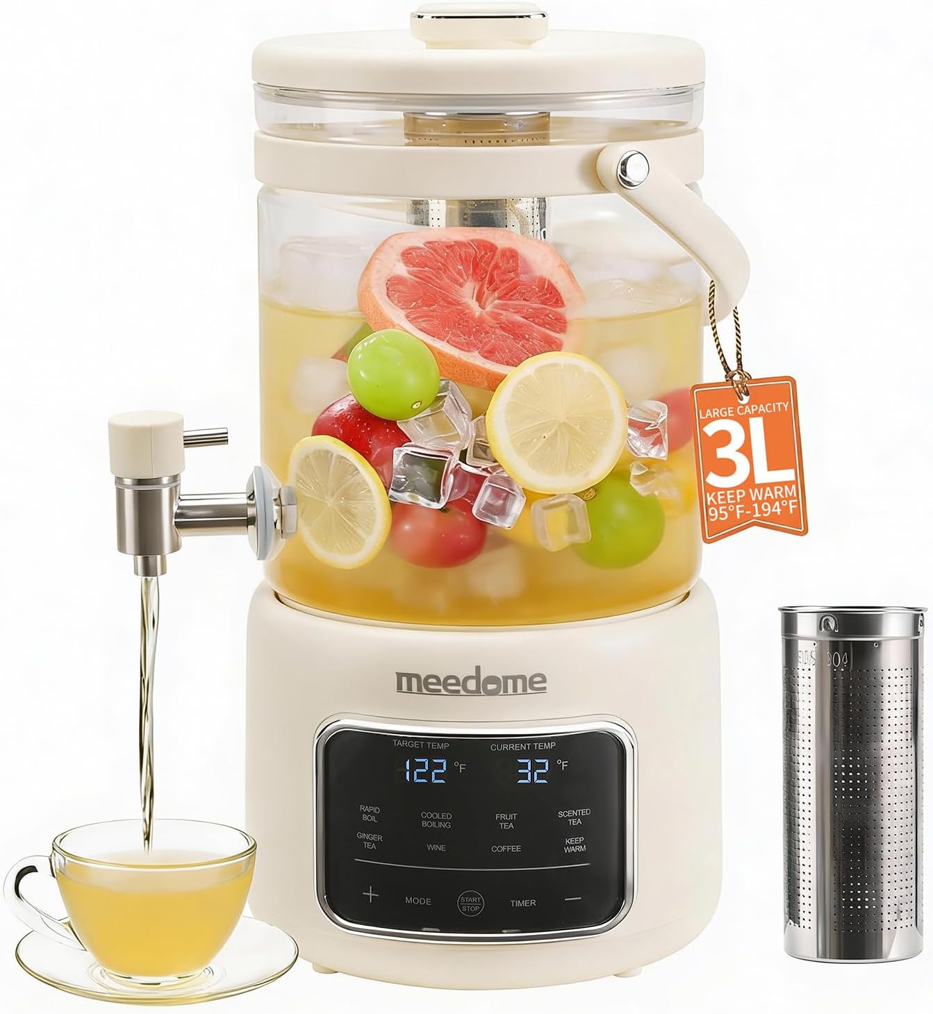 3L Electric Kettle & Beverage Dispenser with Infuser, Spigot – All-in-One Health Pot for Iced Tea/Coffee, Temperature Control, Glass Pitcher – Home & Office Use