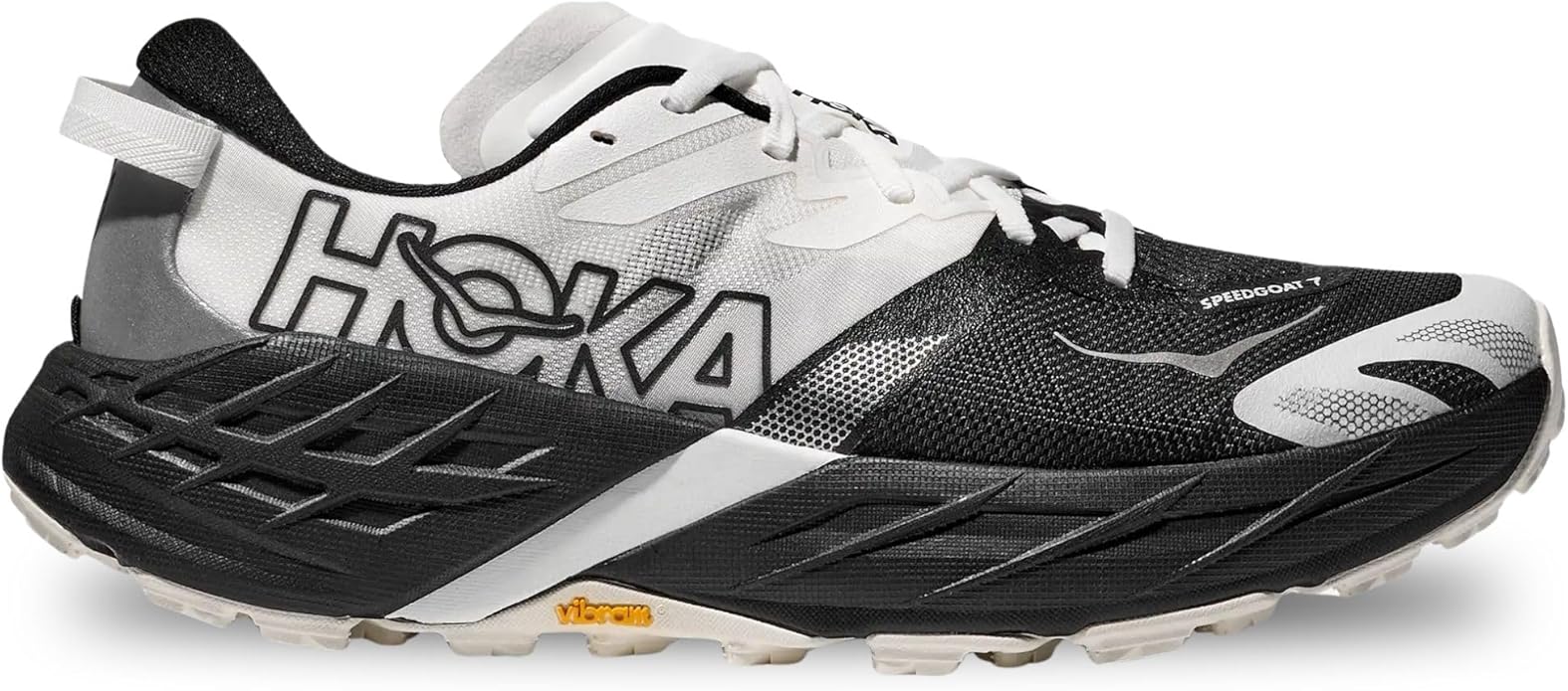 Hoka Speedgoat 7 Men's Trail Running Shoe — side view showing Vibram Megagrip outsole and seamless RPET upper