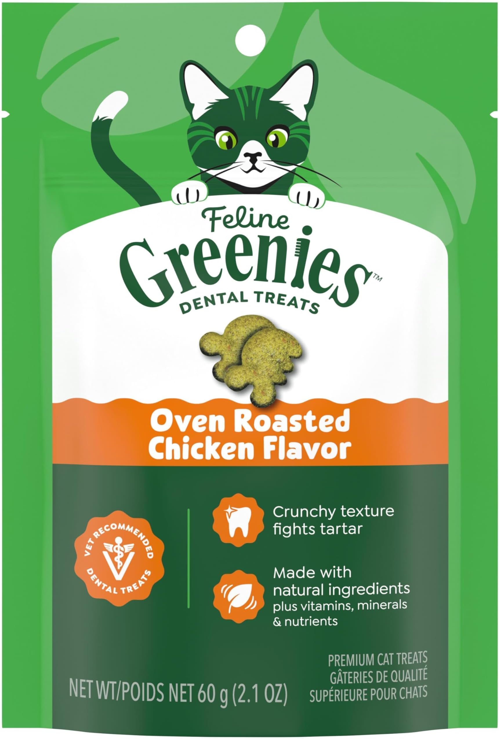 Feline Adult Natural Dental Care Cat Treats, Over Roasted Chicken Flavor, 2.1oz. Pouch