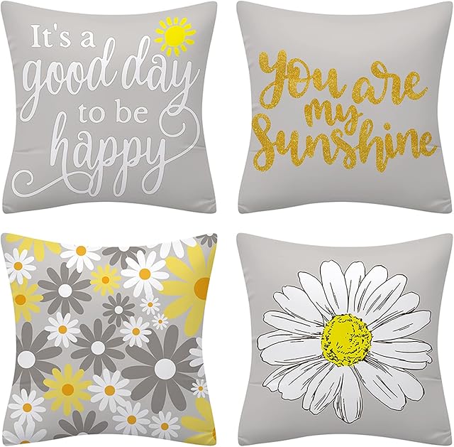 Fullfun Floral yellow and grey cushion covers for sofa, Double sided letter-printed throw pillow covers, Pack of 4 square daisy pillowcase for living room & bedroom 45 cm x 45 cm(18 x 18 inch)