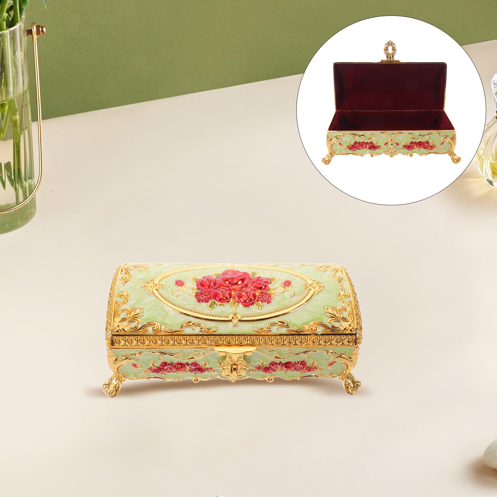Portagioie Vintage Verde con Superficie Resistenti all'Usura, Scatola in Metallo Rettangolare per Gioielli, Perfetta per Amanti dell'Arte e Uso Personale