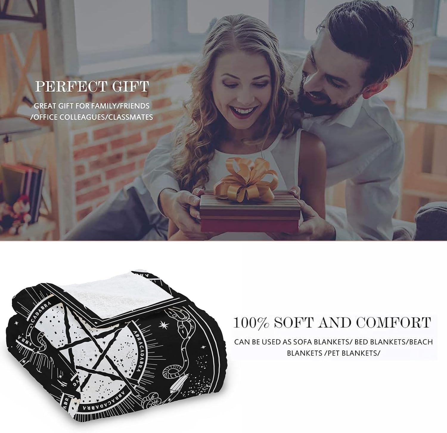 Leeisysme Black and White Pentagram Fleece Throw Blanket, Gothic Witchy Blessed Pray Star Cozy Decor Nap Blankets Gift with Moon Star and Snake Stone Sofa Bed Couch Chair or Dorm Throws 40×50 inches - Image 5