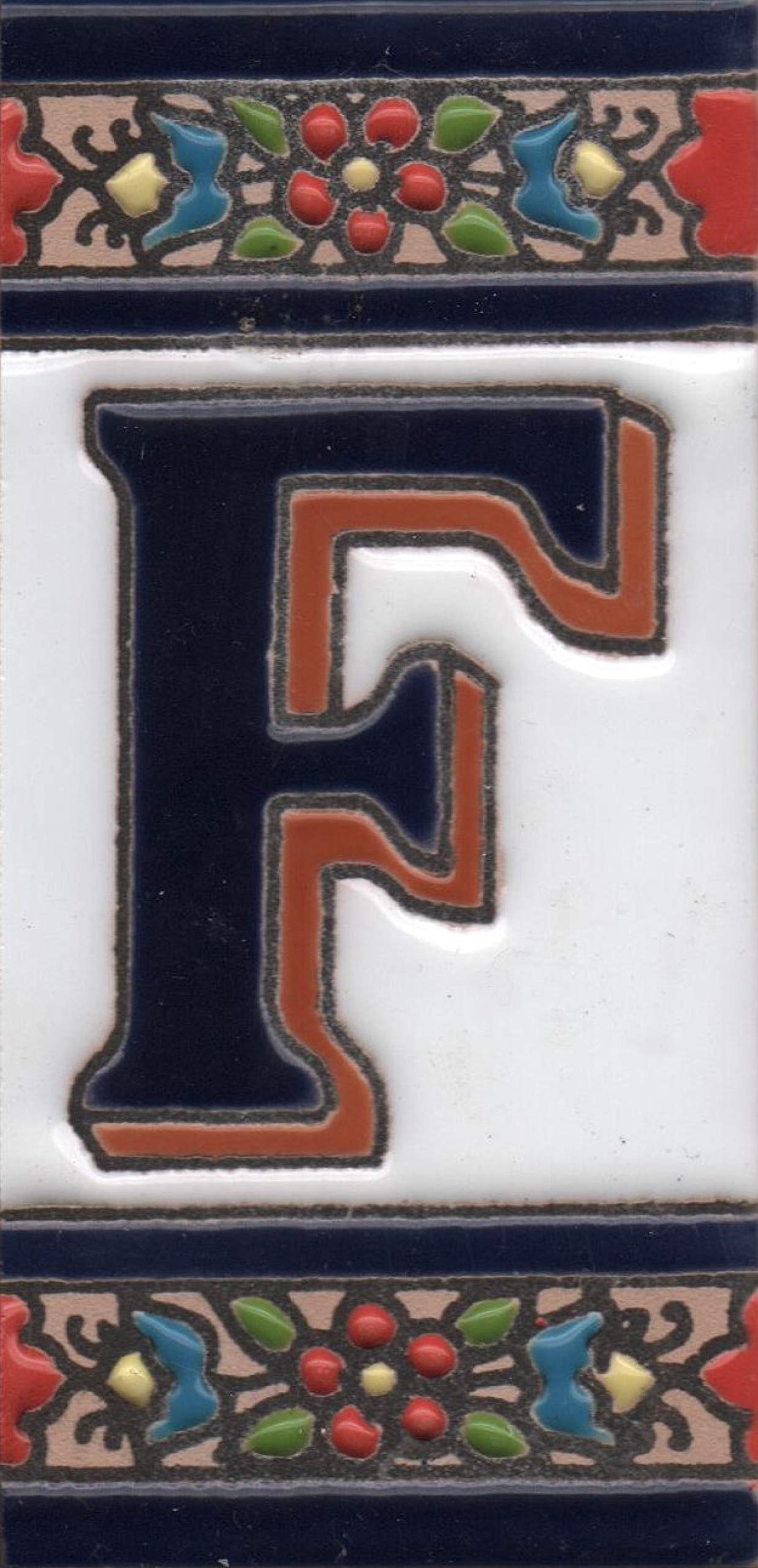 House Numbers Ceramic Numbers & Letters Tiles Red Blue & Green Floral Design Tile Size: 11cm x 5.5cm (Letter F)