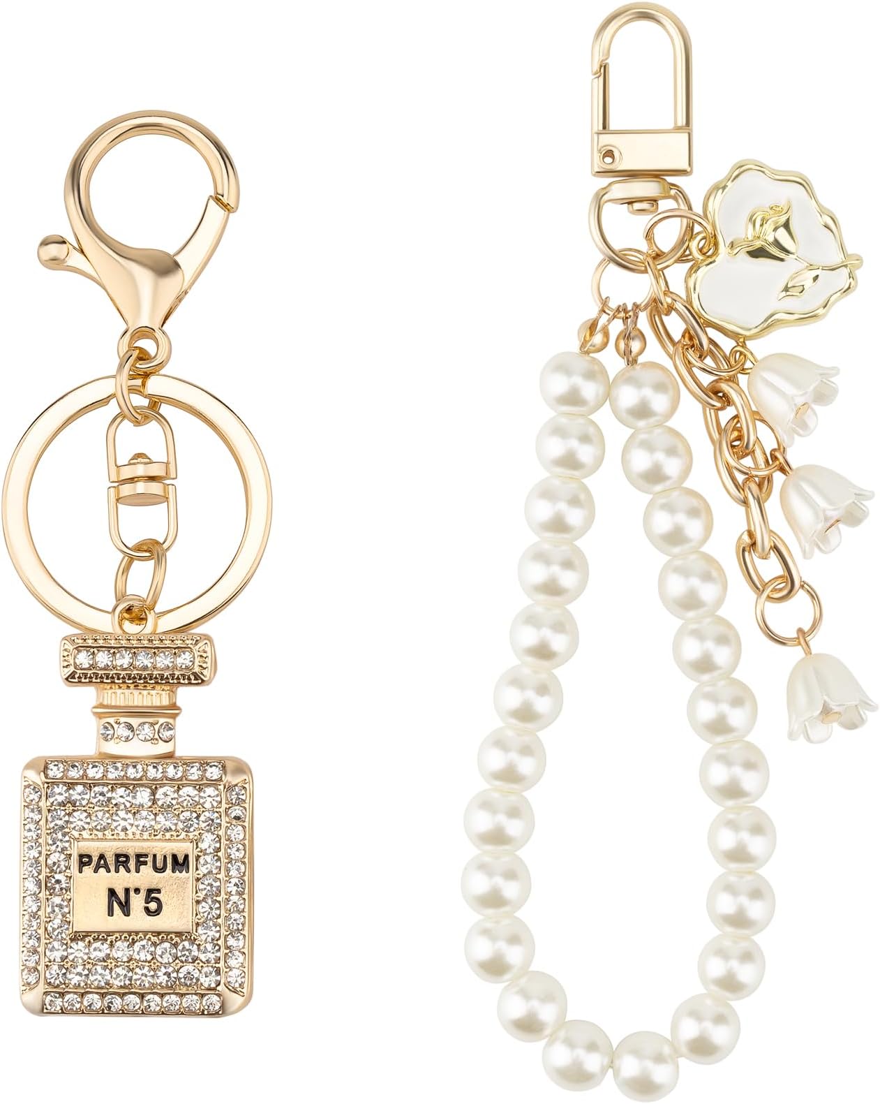 BeShiny Perfume Bottle Diamond Keychain Flower Keychain Cute Pearl Bell Handbag Backpack Accessories Gifts Personalized Keyring for Women