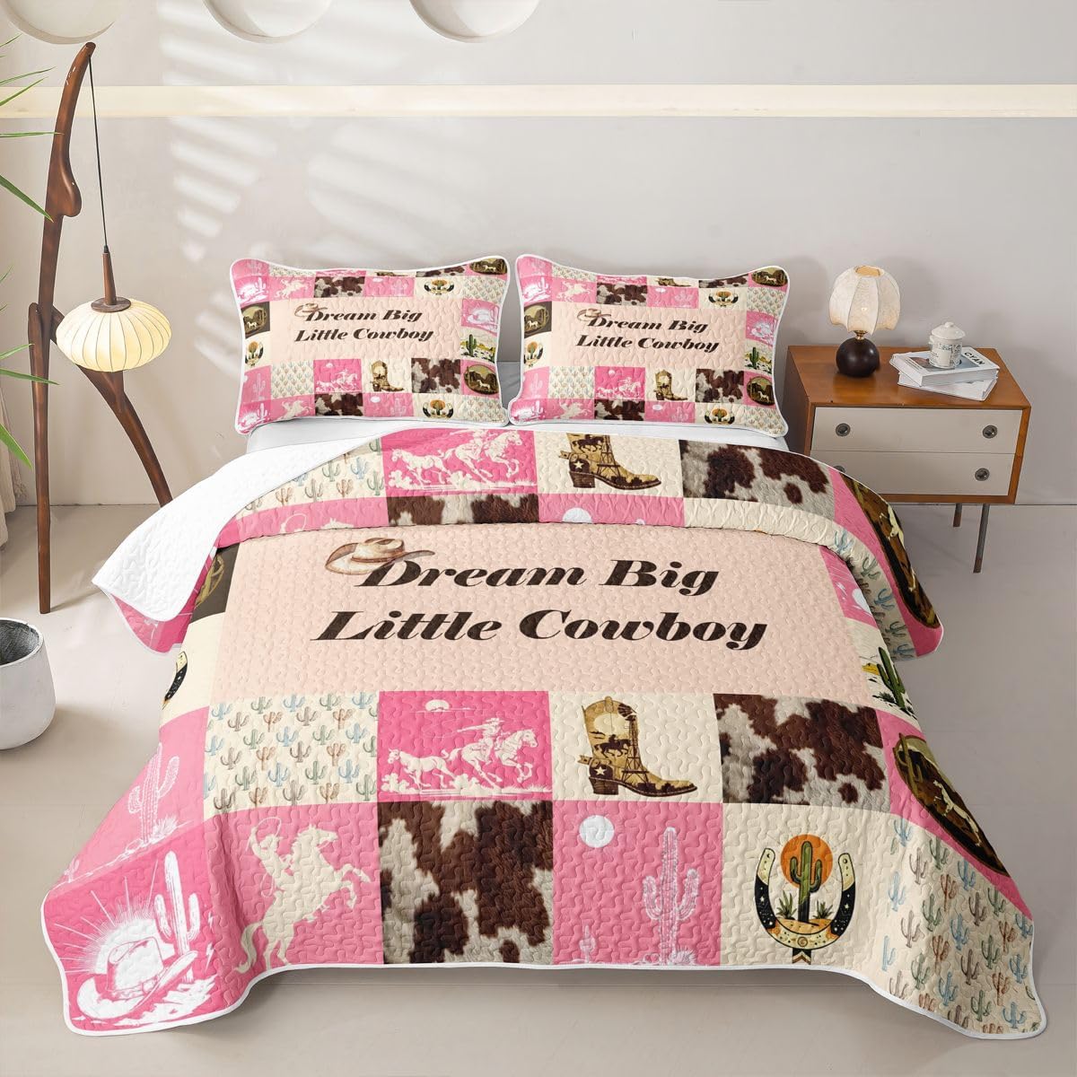 Feelyou Western Quilt Set for All Season Cactus & Horse Bedspread Queen Size for Kids Boys Girls Cowboy Quilted Bedding with 2 Pillowcases Horseshoe Riding Boots Coverlet Set Soft