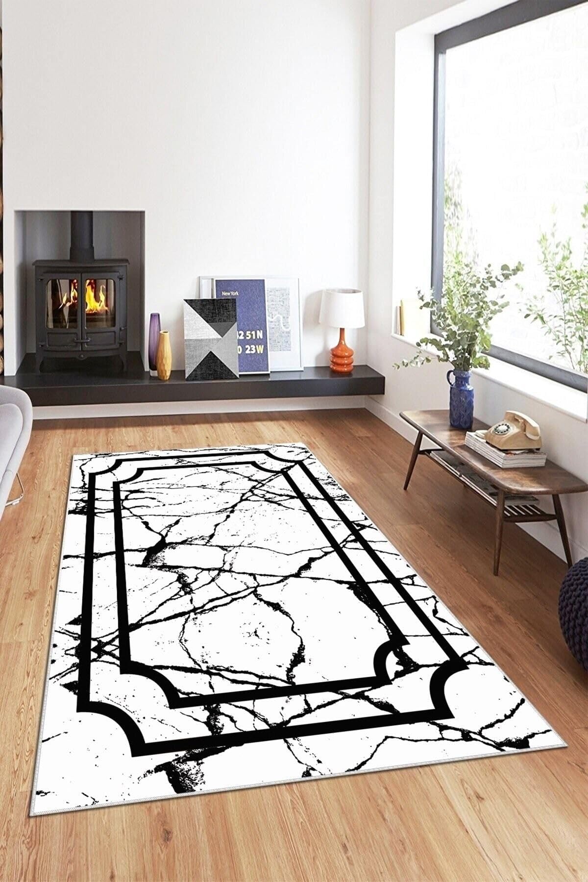 Pelangi Beyaz Gri Çerçeve Ve Efektli Yıkanabilir Kaymaz Taban Leke Tutmaz Modern Salon Halısı Ve Yolluk, Beyaz-Siyah 80 x 200, 13581198020005