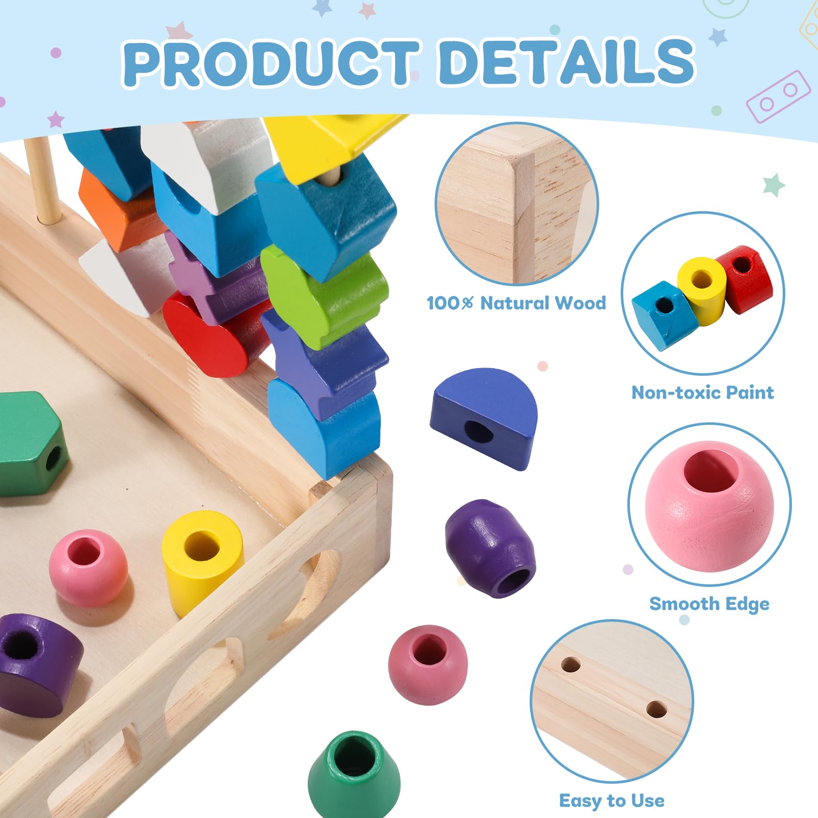 Juego de juguetes de secuenciación de cuentas de madera Montessori 3 en 1, clasificación de colores, apilamiento, formas geométricas, juego de cuentas de secuenciación, juguete de secuenciación 6