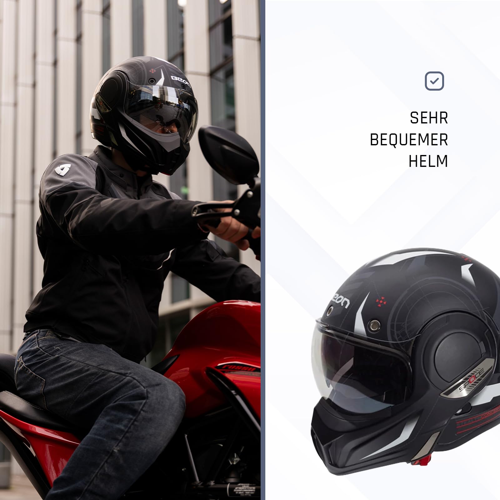 BEON Stratos Motorradhelm - Systemhelm Klapphelme mit Visier und Sonnenblende - Rollerhelm Sonnenblende - Motorrad Helm Damen & Herren - Integralhelm 180° Klappbar - Anti-Kratz-Visier - XL