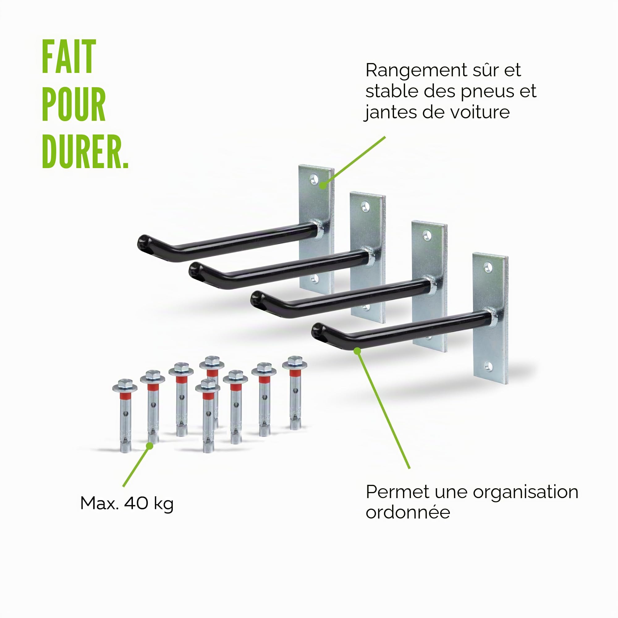 Alberts 801960 Kit de porte-jantes | support mural pour jantes de voiture | porte-pneus recouvert d'un tube en PVC | galvanisé | 20 cm crochet porte-jantes long