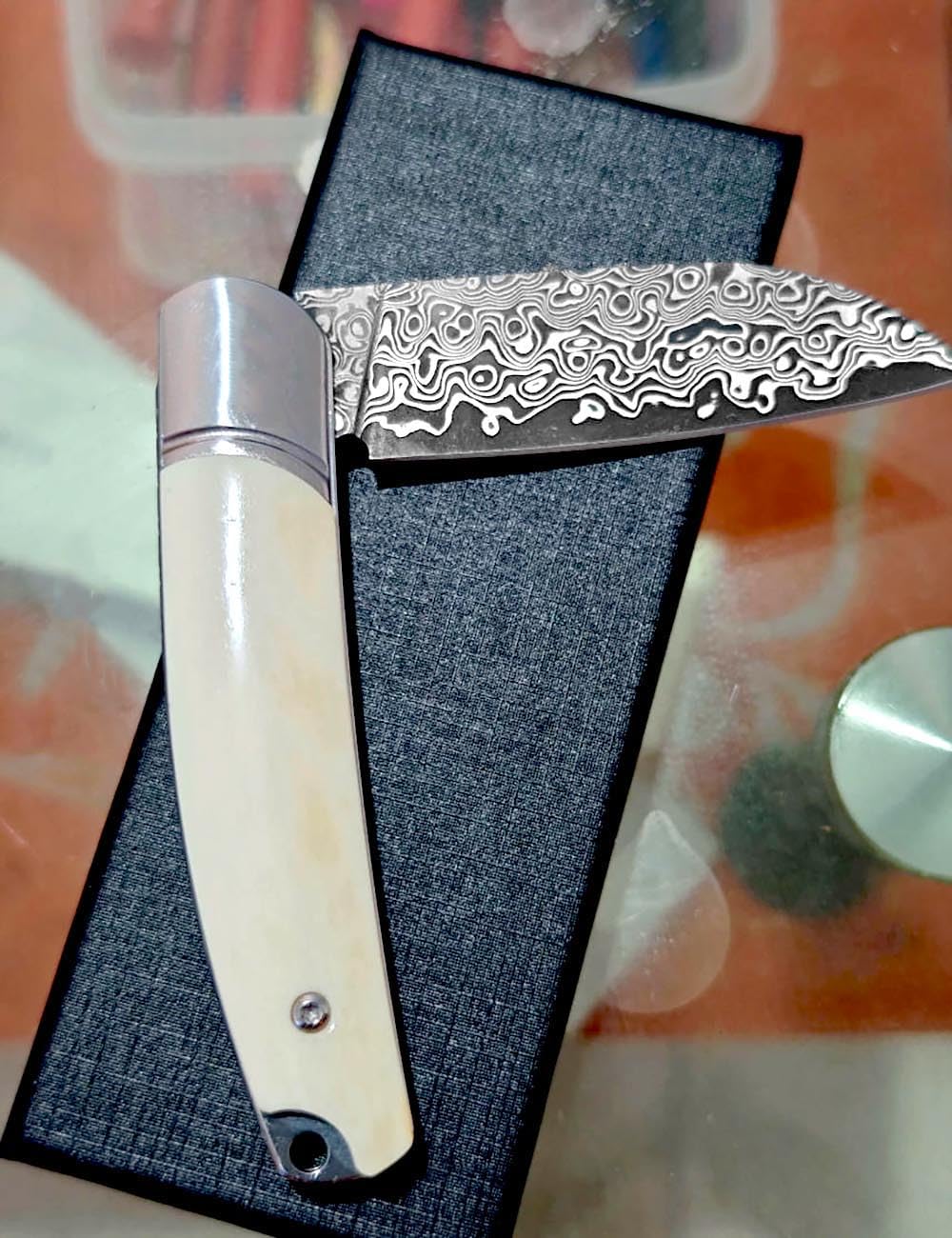 Klappmesser 6.8" Damast taschenmesser edelstahl damaststahl damaszener, klappbar edc taktisches messer scharfes tanto, Damaskus stahl messer Geschmiedet, Outdoor klein messer neck knife, Weiß Knochen