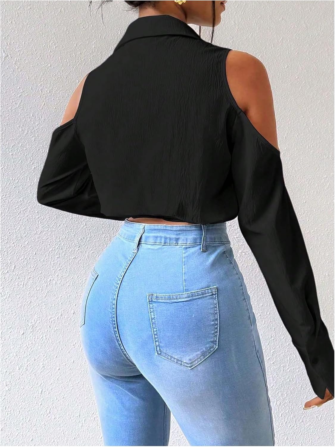 SweatyRocks Women's Cold Shoulder Long Sleeve Button Down Collared Cropped Blouses - Image 2