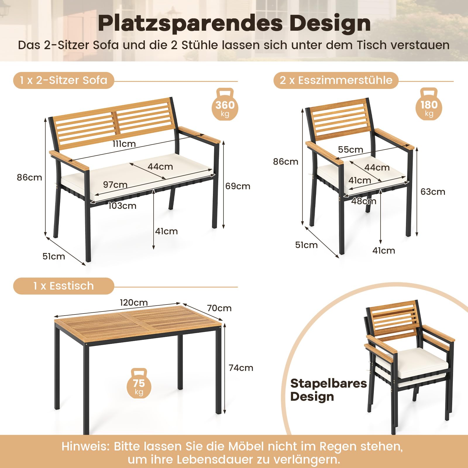 COSTWAY Gartenmöbel Set, Terrassenmöbel inkl. Gartentisch mit Schirmloch, Sitzbank & 2 stapelbare Gartenstühle mit Kissen, Sitzgruppe für 4 Personen, Gartengarnitur, Sitzgarnitur, Outdoor Essgruppe