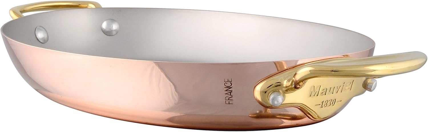 Mauviel M'150 B 1.5mm Polished Copper & Stainless Steel Oval Pan With Brass Handles, 13.8-in, Made in France