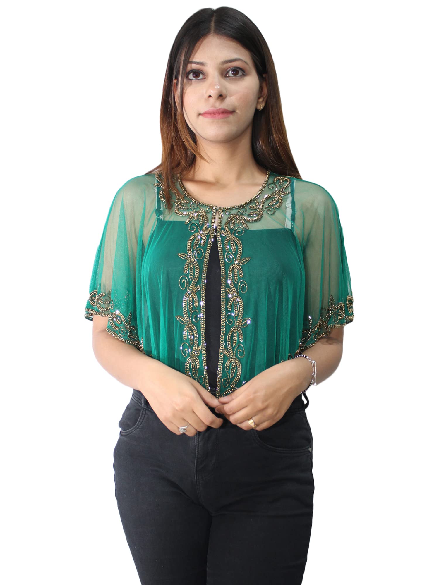 matelco Women's Cape Poncho With Beads Embroidery (Green-Golden)-picture-23