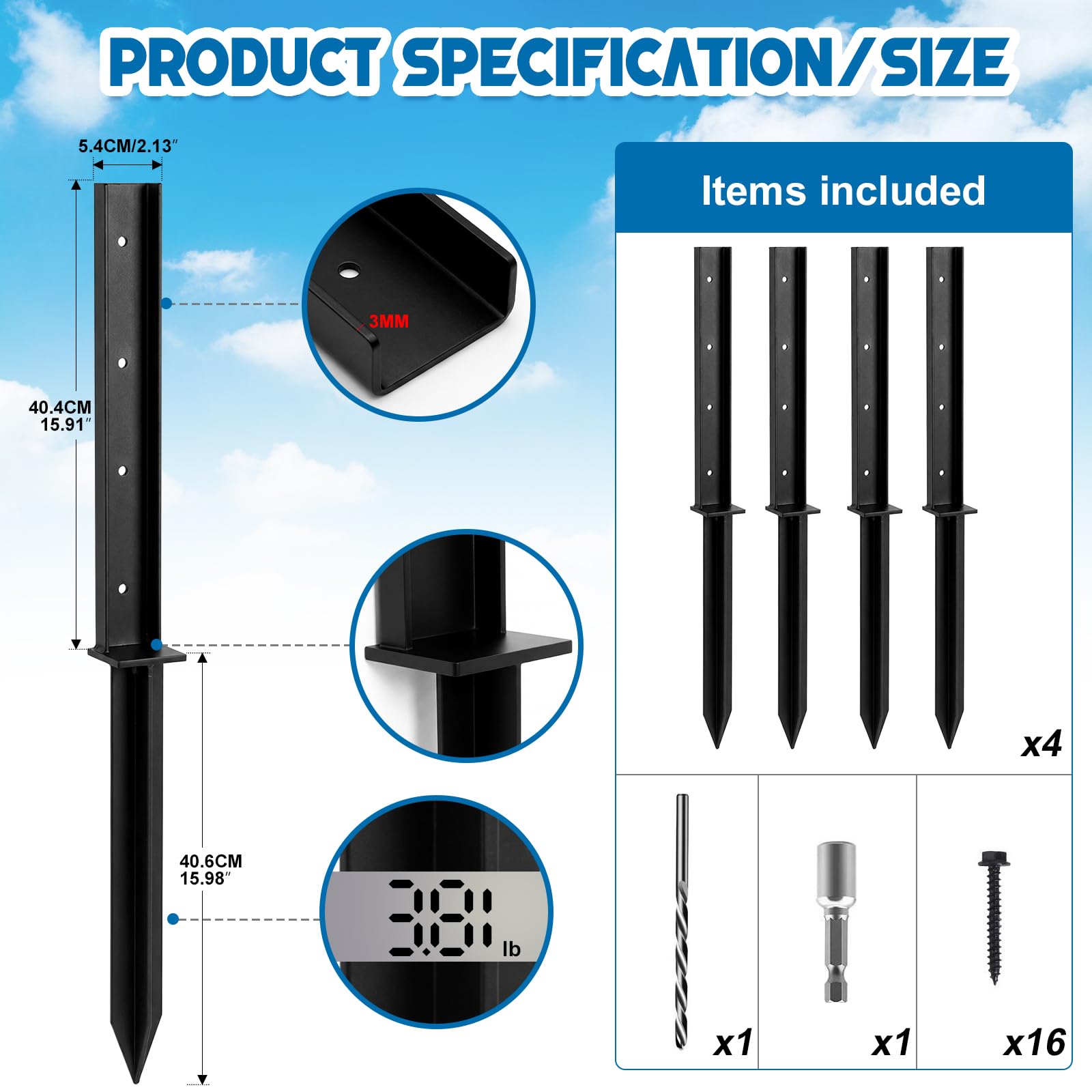 Kit Reparación Postes Valla 4 Piezas | Anclajes Acero Heavy Duty 81cm para Postes Madera | Repara Postes Torcidos, Sueltos y Podridos Sin Sustitución | Incluye Tornillos y Broca