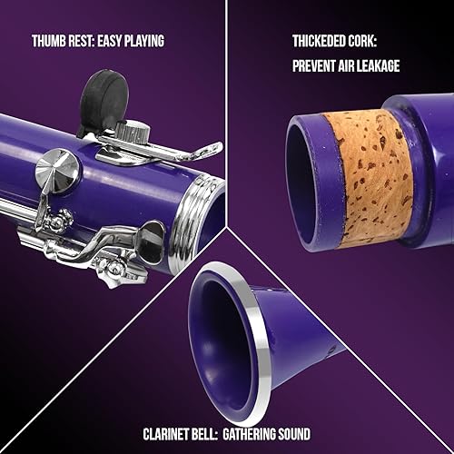 Miniatura 6 de Soulmate Clarinete Bb Flat 17 teclas de níquel Clarinete morado para estudiantes principiantes con estuche rígido de 2 barriles y kit de limpieza