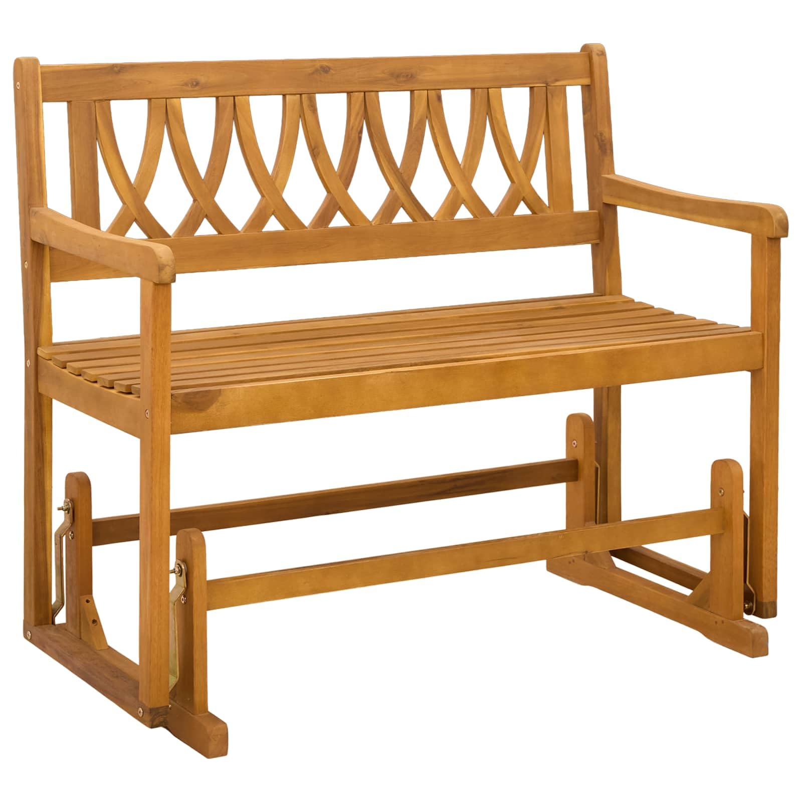 Banco de jardín rústico de madera maciza de acacia, 110 x 59 x 97 cm, con reposabrazos planos y patas de poste estables para un agarre seguro, superficie aceitada, fácil de limpiar.