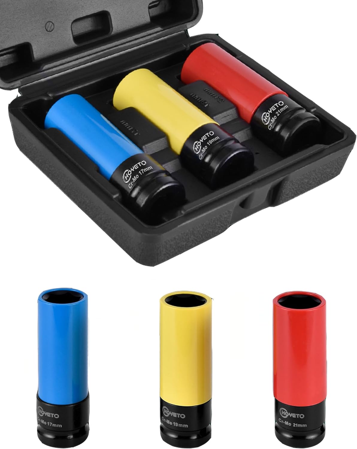 3PCS 1/2" Lug Nut Socket Set, Drive Lug Nut Set with Color-Coded Nylon Sleeve, Thin Wall Socket Set (17mm 19mm 21mm) Lug Nut Removal Tool with Cr-Mo, 1/2 Drive Socket Set for Power & Impact Wrenches