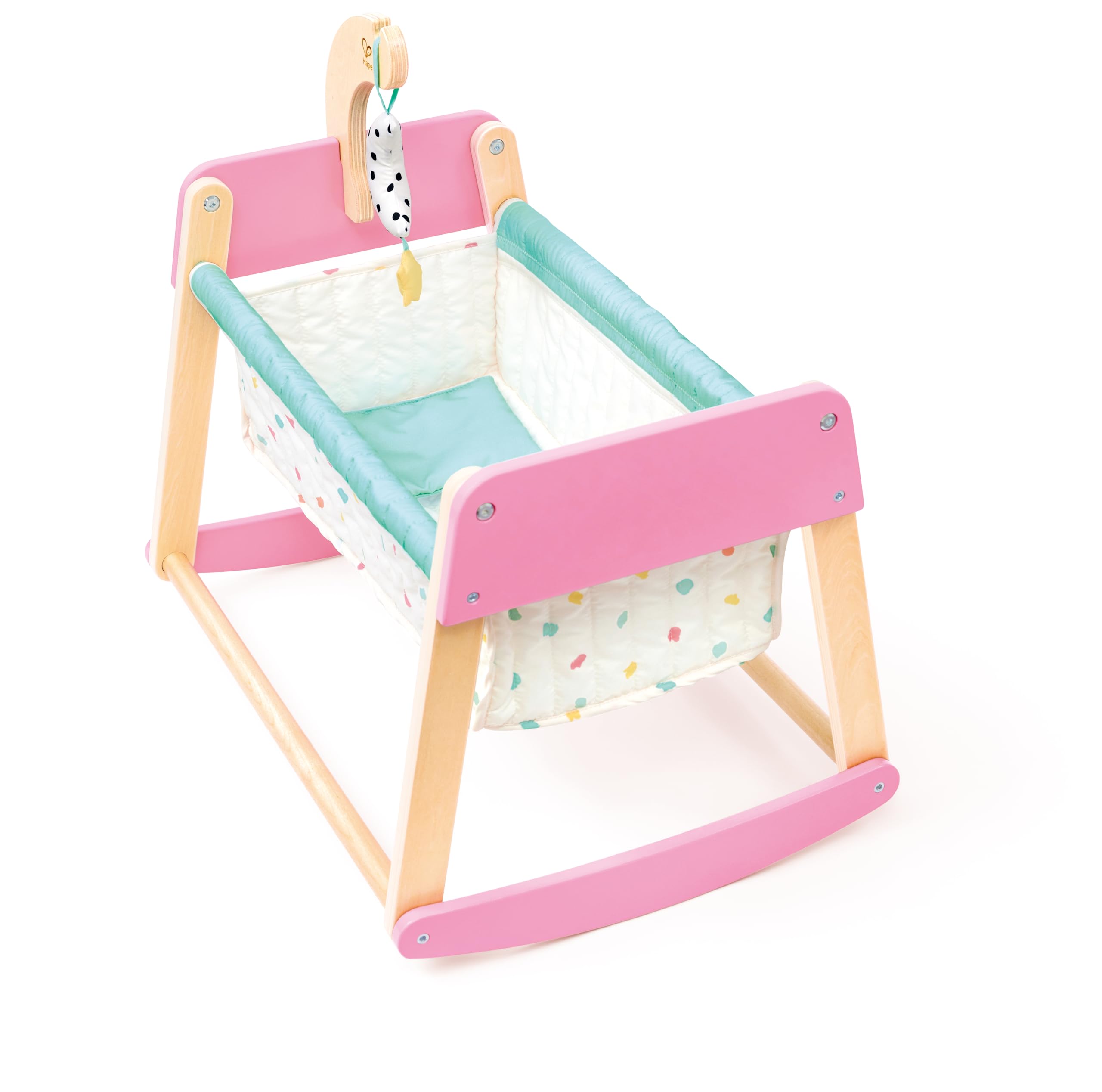Hape Puppenwiege Sweet Dreams - Puppenzubehör für Spielpuppen, Puppenwiege aus Holz, Rollenspiel Spielzeug, Wiege für Spielpuppen und Teddys, für Kinder ab 2 Jahren